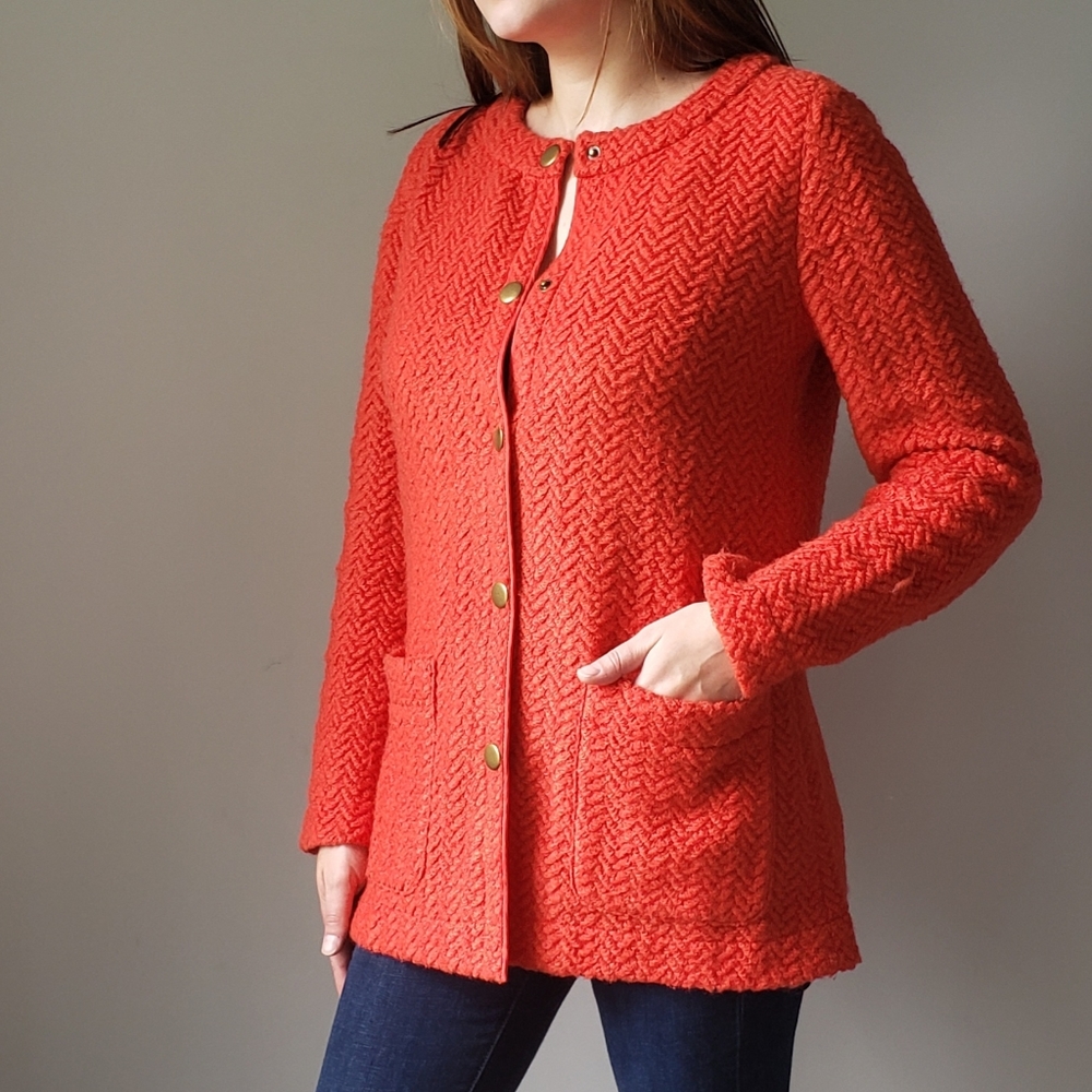 Tabitha Orange Herringbone Wool Knit Jacket S Anthro